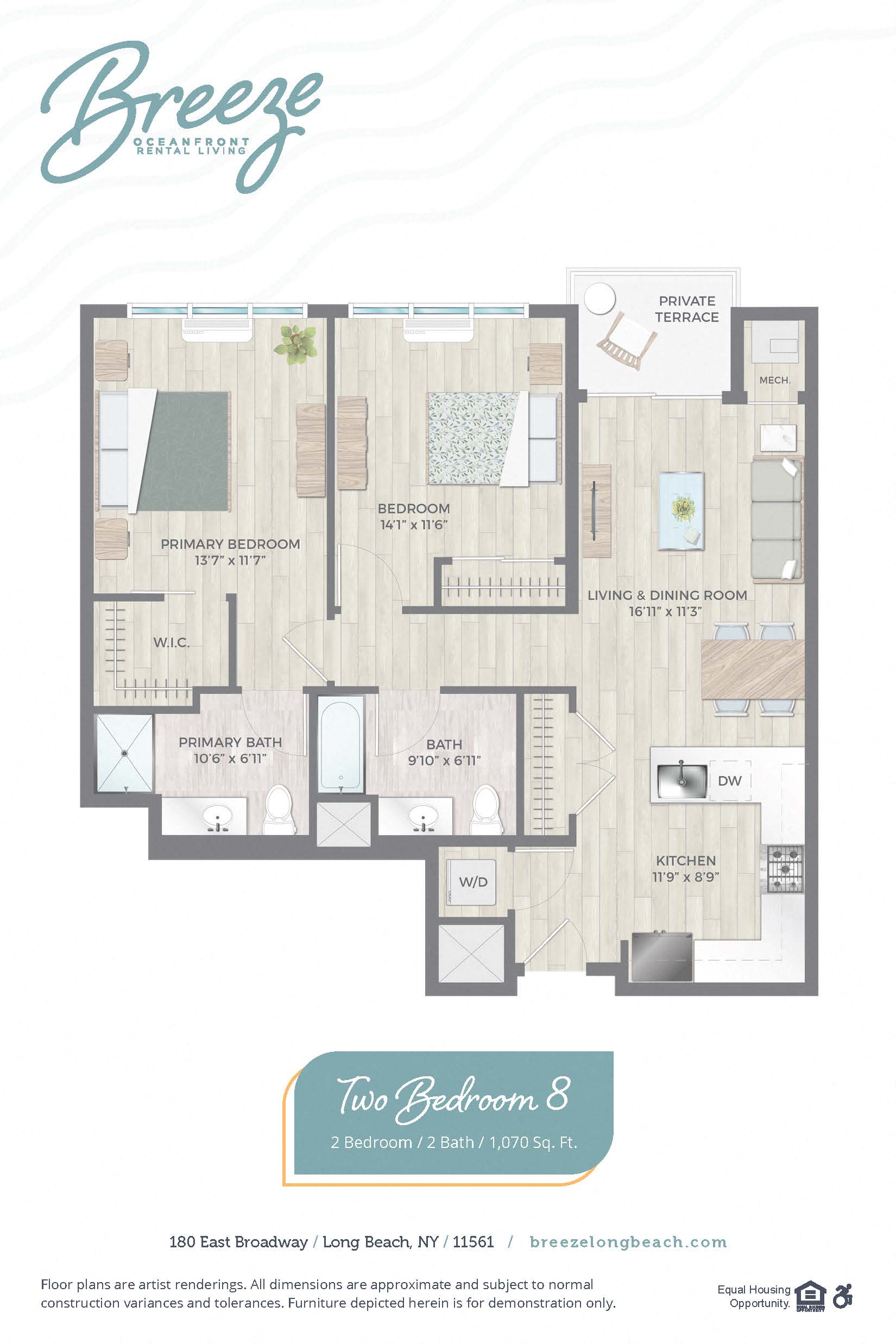 Floor plan for 2 beds, 2 baths, 1070 sqft